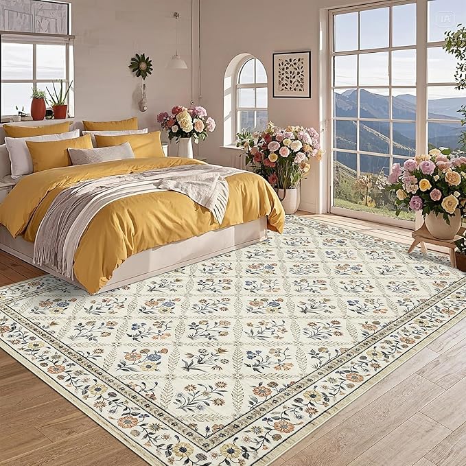 GarveeHome Living Room Rug 5x7 Rug Machine Washable Stain Resistant Area Rug Non Slip Floral Vintage Low Pile Rugs for Living Room, Bedroom, Farmhouse, Dining Room, Kids PlayroomBeige Sand