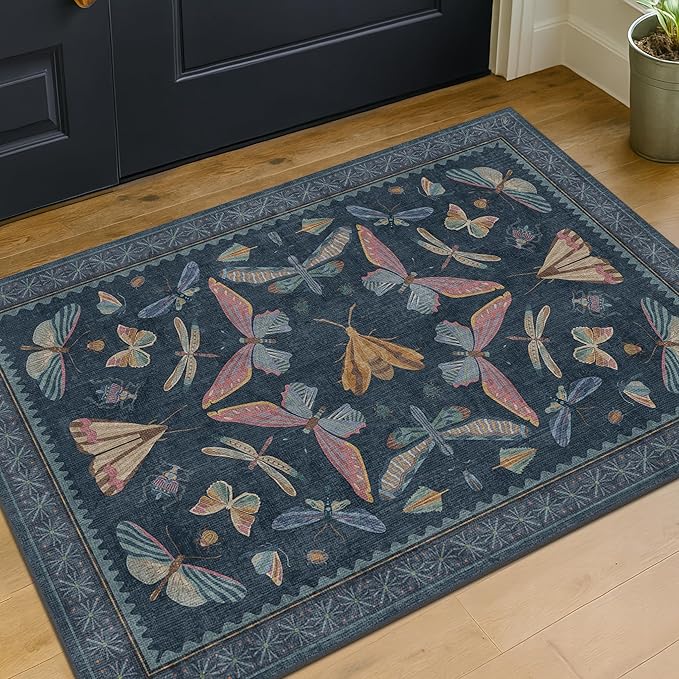 Dark Blue 2x3 Small Rugs for Bathroom Non Slip, Washable Vintage Boho Insect Rug for Kitchen Floor, Entryway Indoor, Powder Room, House Decor Aesthetic, Low Pile Non Slip Carpet