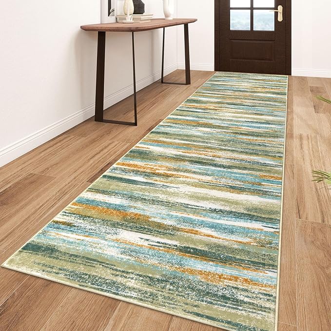 Lansny Modern Abstract Runner Rug 3x10, Green Teal Mustard Washable Kitchen Runner Non-Slip Soft Hallway Rug Runner Thin Print Faux Wool Carpet for Entryway Bedroom Indoor Home Office Decor