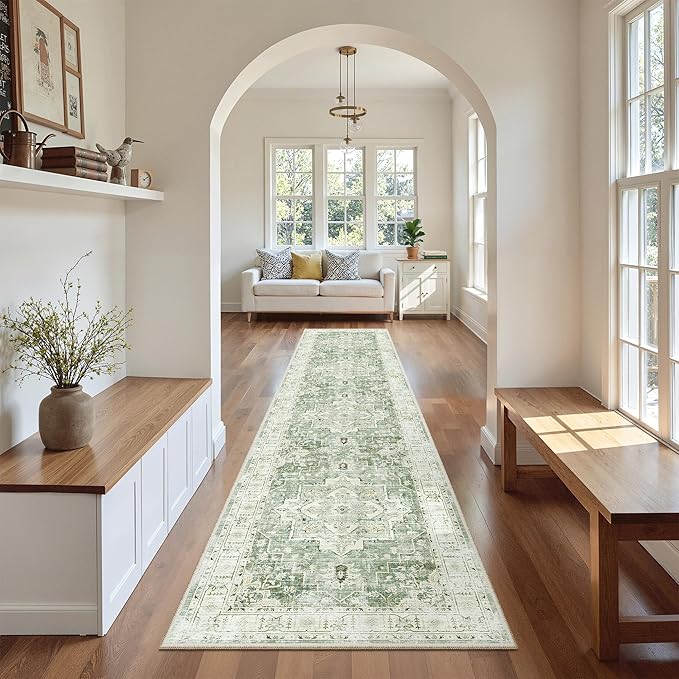 Madane Runner Rugs for Hallway 2x10 Long Washable Non-Slip Hallway Runner Rug Low-Pile Stair Kitchen Runner Soft Throw Carpet for Entrance Living Dining Laundry Room (Green/Ivory, 2 x 10)
