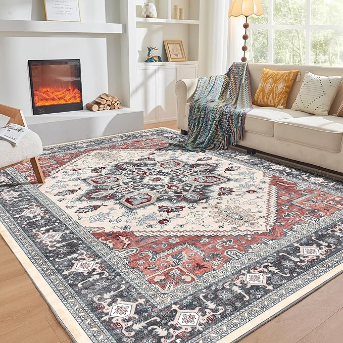 OPPODREAM Soft Area Rugs 4x6, Low-Pile Washable Rugs 4x6 with Non Slip Backing, Faux Cashmere 4 x 6 Throw Carpet, Black & Red