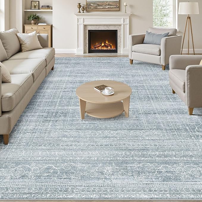8x10 Area Rugs Living Room: Washable Large Neutral Soft Rug Farmhouse Stain Resistant Indoor Non-Slip Floor Carpet for Bedroom Nursery Kids Playroom Office Dining Room Dorm- Blue