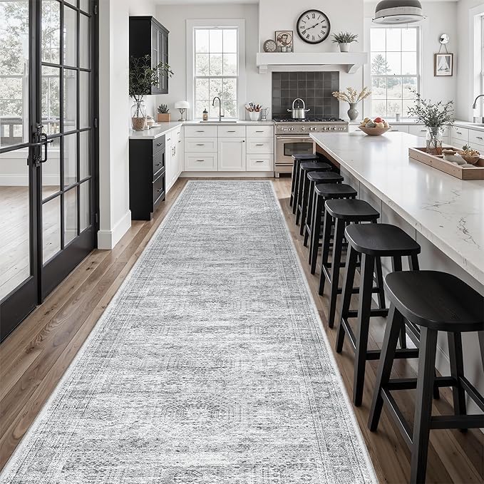 Hallway Runner Rug 3x16 - Vintage Non Slip Washable 16ft Kitchen Runner for Entrance Soft Long Carpet Runners for Living Room Bedroom Dining Room, Grey