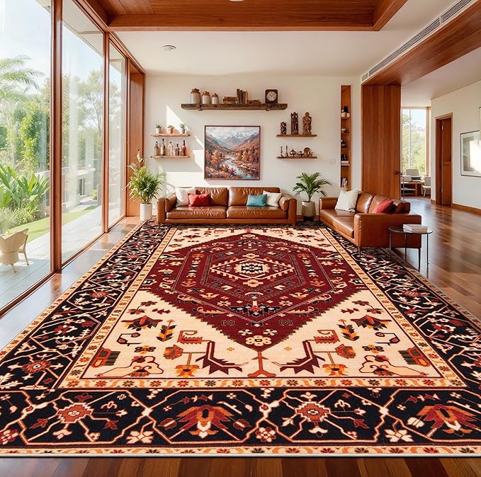 SERISSA 9x12 Area Rugs for Living Room, Large Washable Non-Slip Boho Rug, Ultra Soft Vintage Red Black Oriental Tribal Print Distressed Carpet for Dining Room Bedroom Dorm Office Home Decor