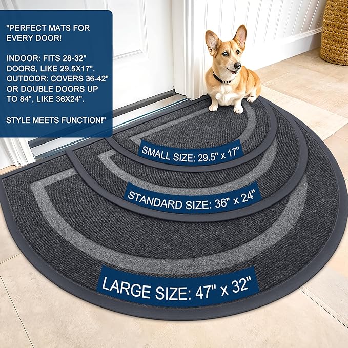 OLANLY Half Circle Door Mat Indoor Outdoor Entrance Welcome, Waterproof All-Season, All-Weather Doormat, Sturdy Natural Rubber, Low Profile, Easy Clean Patio Porch Entryway Mat, 59x23, Grey