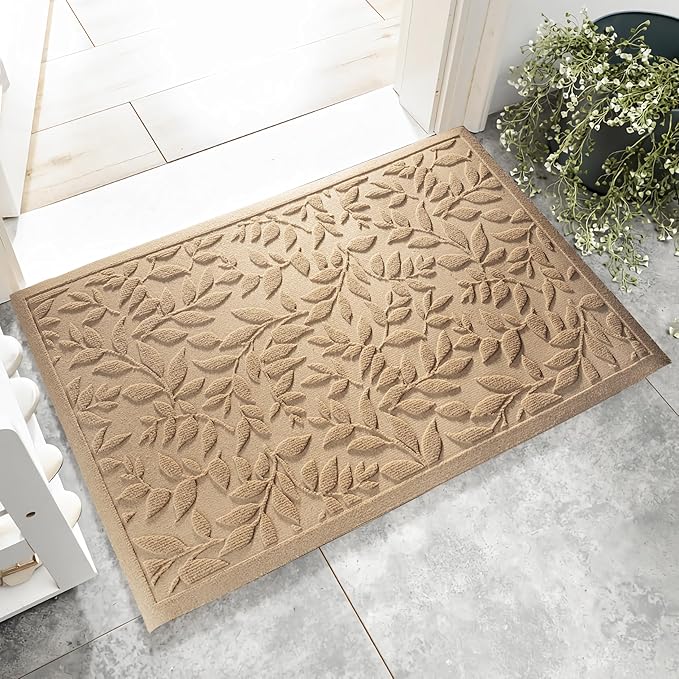 Beige Leaves Outdoor Indoor Entrance Doormats, Absorbent Durable Heavy Duty Welcome Front Door Mat,Thick Natural Rubber Back,Easy Clean Entryway Mat 23x35 Inch, Low Profile