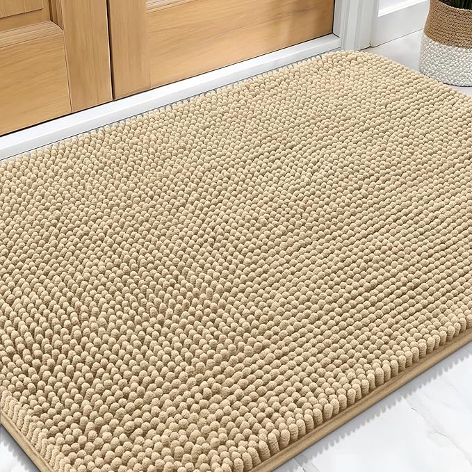 OLANLY Dog Door Mat for Muddy Paws 32x20, Absorbs Moisture and Dirt, Absorbent Non-Slip Washable Doormat, Quick Dry Chenille Mud Mat for Dogs, Entry Indoor Entryway Carpet for Inside Floor, Beige