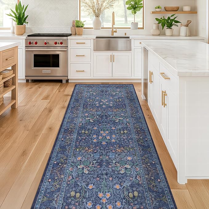 Hazo Haus Non Slip 2x6 Dark Blue Kitchen Runner Rug - Long Runner Rugs 24 x 72 Washable Hallway Floor Mat, Bedroom Laundry Room Bathroom Runner - Dusky Navy Vintage Floral Design Décor