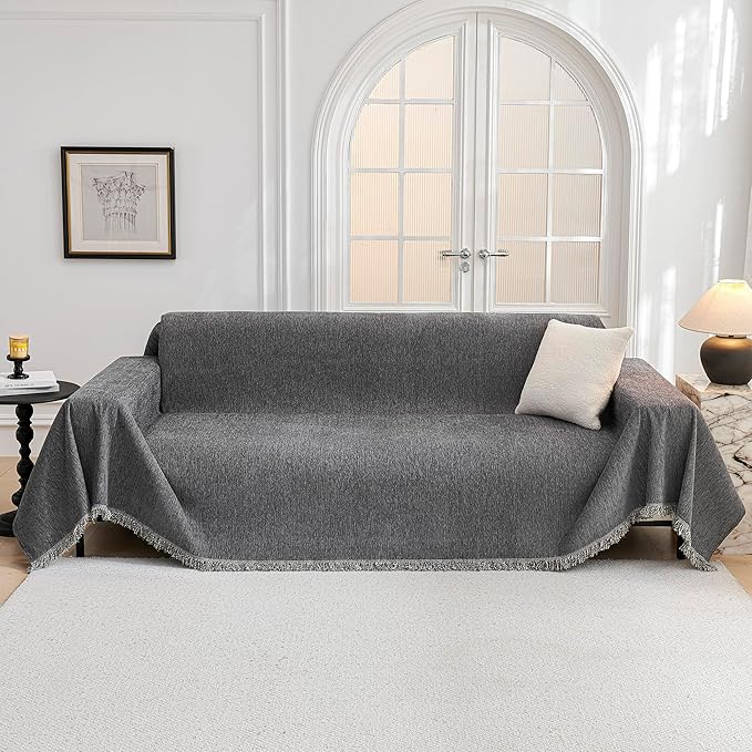 MYSKY HOME Couch Cover for Dogs Washable, Couch Covers Couch Covers for Dogs Couch Cover 2 Cushion Sofa Non Slip Dog Furniture Protector with Tassels Chenille Sofa Covers for Pets, 71"x102", Dark Grey