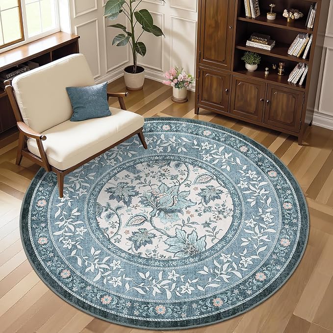 GarveeHome Misty Blue Botanical Grove 6ft Round Rug, Small Circle Vintage Cottagecore Soft Low-Pile Non-Slip Washable Rugs for Living Room Bedroom Nursery Kitchen Retro Carpet