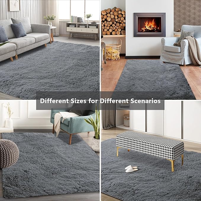 9X12 Large Area Rugs for Living Room Bedroom,Big Shag Rug for Bedroom Dorm,Soft Fluffy Indoor Carpet Nursery Rugs for Kids Girls Room Home Decor (Dark Grey, 9X12 Feet)