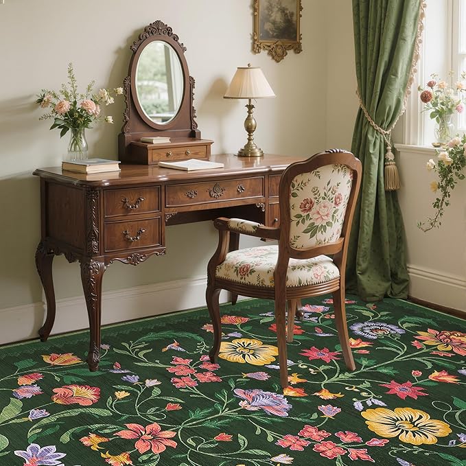 GarveeHome Washable Rug 4x6 Area Rugs for Living Room, Floral Rug for Bedroom, Soft Boho Non Slip Throw Rugs with Rubber Back, Low Pile Stain Resistant Vintage Floral Carpet for Dining Room, Green