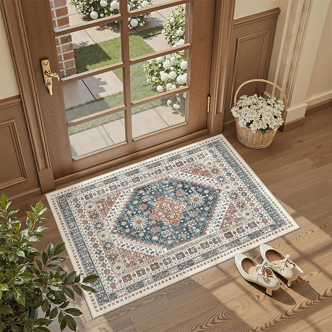 Madane Washable Area Rug 2x3, Small Entryway Rug Non-Slip Vintage Door Mat Indoor Entrance, Low Pile Floor Carpet for Inside Front Door Bedroom Kitchen Entry Laundry (2'x3', Navy Blue)