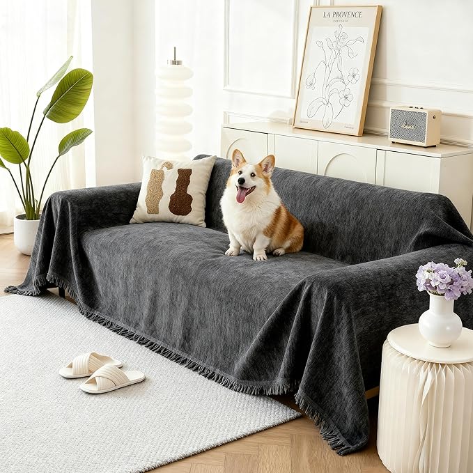 Couch Cover for Dogs, Boho Sofa Covers for 3 Cushion Couch, Chenille Sofa Slipcover for Pets Washable, L-Shape Sectional Couch Cover Soft Throw Blankets with Tassels(91x150,Charcoal Grey)