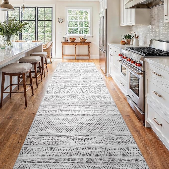 4x12 Washable Hallway Runner Rug：Moroccan Non-Slip Wide Runners for Entryway Kitchen Soft Modern Geometric Low-Pile Rugs for Living Room Thin Waterproof Carpet for Bedroom Bathroom Laundry(Grey,4x12)