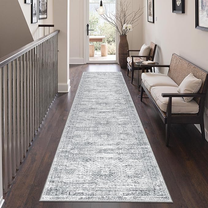 Rug Runners for Hallways Non Slip - 2x8 Runner Rug for Bedroom, Washable Runner with Rubber Backing, Soft Low-Pile Carpet for Kitchen, Laundry, Bathroom (2'x8', Grey/Ivory)