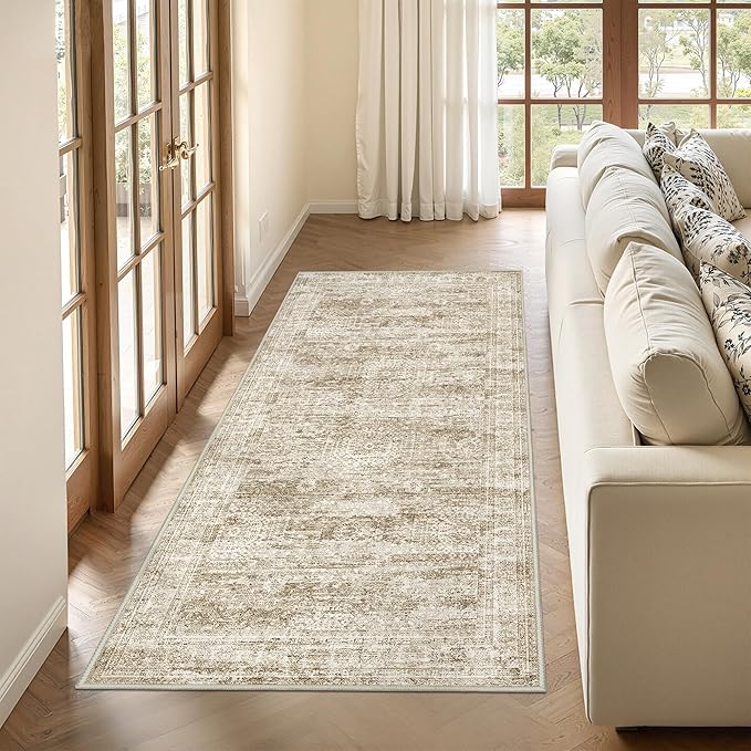 3x6 Runner Rug Non Slip, Thin Entryway Washable Rug for Entryway, Runners for Hallways, Low Pile Vintage Abstract Soft Rugs for Living Room, Kitchen, Bedroom(3'x6', Brown/Ivory)