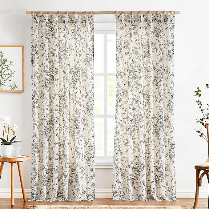 jinchan Pinch Pleated Curtains Floral Linen Blend Curtains for Living Room 96 Inches Length Black Peony Flower Printed Curtain Rod Pocket Back Tab Farmhouse Pinch Pleat Drapes with Hooks Set 2 Panels