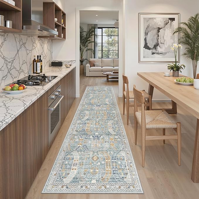 Madane Runner Rug 2x8, Washable Hallway Runner Rugs, Non-Slip Low-Pile Soft Kitchen Rug Runner Laundry Room Rug, Vintage Throw Entry Foyer Mat for Entrance Living Room (Blue/Gold, 2 x 8)