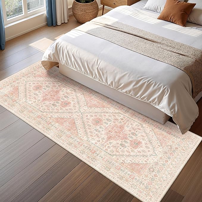 2x5 Rug Runner Washable for Entryway, Soft Bathroom Rugs with Non-Slip Backing,Vintage Low Pile Stair Runner, Small Kitchen Carpet for Hallways, Laundry Room(Pink,2'x5')