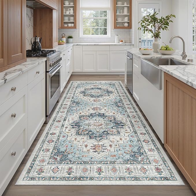 Madane Hallway Runner Rug 4x8 Wide: Washable Thin Runners for Hallways Entry, Non Slip Soft Vintage Kitchen Rugs Low Pile Carpet Runners for Living Room Bedroom Dining Room Foyer (Blue, 4x8)