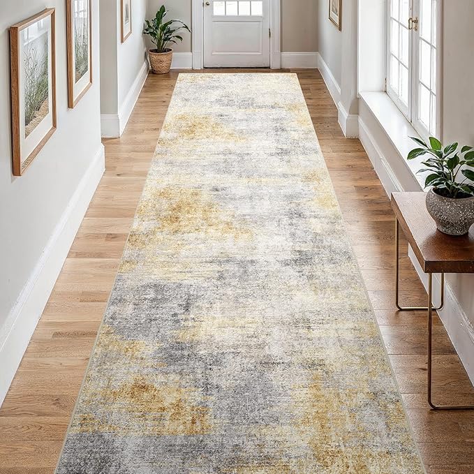 4x12 Washable Kitchen Runner Rug: Modern Abstract Wide Runners for Hallway Soft Non Slip Rugs with Rubber Backing Low Pile Thin Carpet for Entryway Bedroom Bathroom Laundry Indoor(Grey/Yellow,4x12)