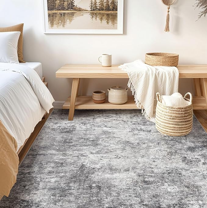 UERMEI Square Area Rugs : Washable 6x6 Neutral Modern Abstract Carpet for Living Room Bedroom - Soft Floor Mat with Non Slip Backing for Kitchen Nursery Dorms Farmhouse Home Decor - Grey
