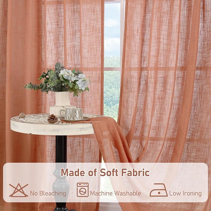LAMIT 95 Inches Long Terracotta Linen Curtains for Living Room, Back Tab and Rod Pocket Linen Textured Curtains Light Filtering Boho Drapes for Bedroom/Dining Room, Set of 2, 52 x 95 Inch