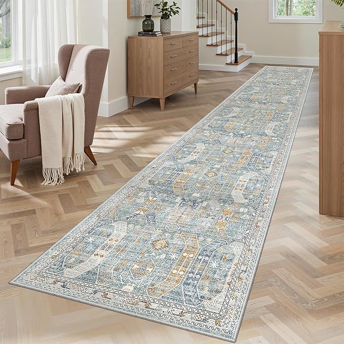 Madane Hallway Runner Rug 2x12, Extra Long Washable Runner Rugs with Rubber Backing, Non Slip Carpet Runner for Hallway, Vintage Rug Runners for Kitchen Laundry Room Entryway (Blue/Gold, 2'x12')