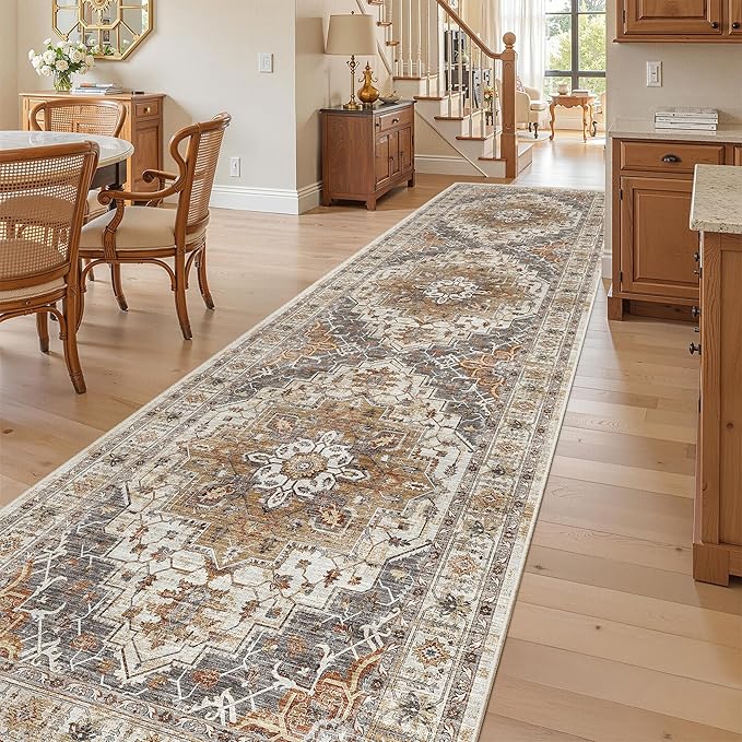 Madane 3x12 Hallway Runner Rug, Non Slip Washable 12ft Runner for Hallways Soft Vintage Kitchen Rugs Low-Pile Thin Floor Carpet Runner for Entryway Bathroom Bedroom, Turmeric/Grey