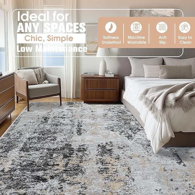 10x14 Area Rugs for Living Room Rug Washable: Abstract Large Rug Indoor Modern Carpet Non Slip for Dining Room Bedroom Nursery Home Office Black Grey Gold