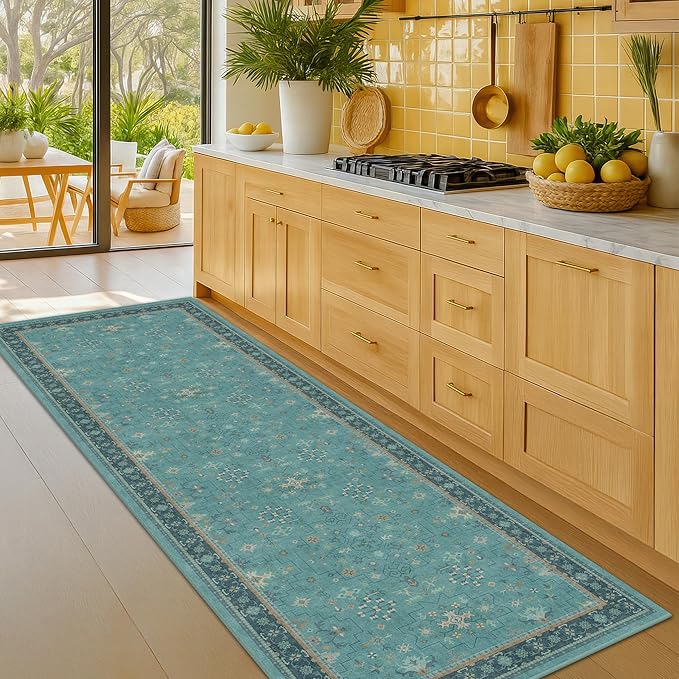Hazo Haus Boho 2x6 Non Slip Kitchen Rug Runner - Teal Washable Rug for Bathroom, Laundry Room, Hallway, Non Slip with Rubber Backing, Floral Aqua Blue Unique Runner Décor