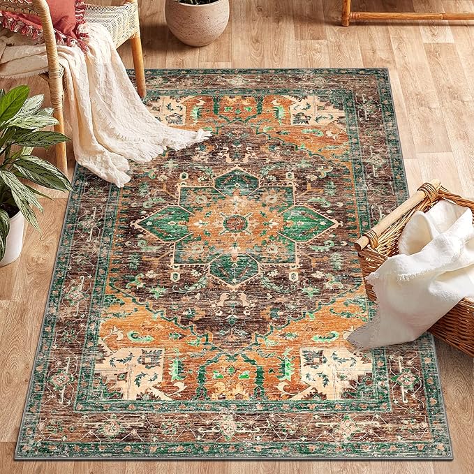 Yamaziot Washable Area Rug for Bedroom, 3x5 Non-Slip Boho Vintage Living Room Rug with Rubber Backing, Low Pile Faux Wool Soft Distressed Rug Floor Carpet for Living Room, Laundry, Kid Playroom