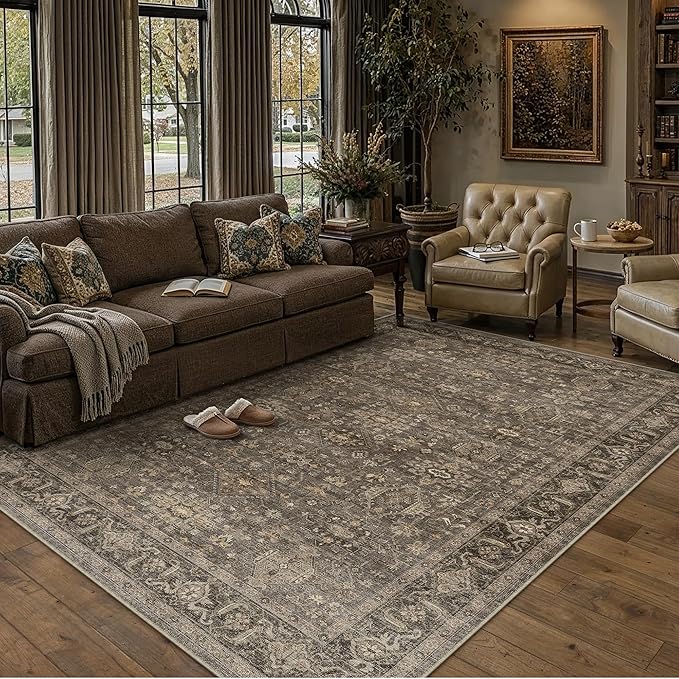 8x10 Washable Area Rug for Living Room Bedroom Vintage Brown Non Slip Carpet Traditional Retro Soft Low Pile Large Throw Rug for Dining Room Kitchen Office Indoor