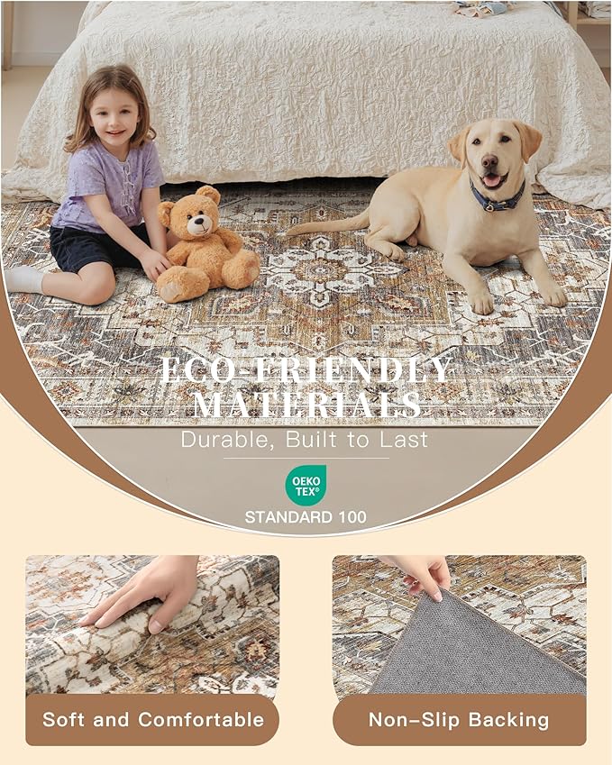 Madane Washable Rug 8x10 Area Rugs for Living Room, Ultra-Thin Non-Slip Backing Rug, Stain Resistant Vintage Large Area Rug for Bedroom (Turmeric/Grey, 8'x10')