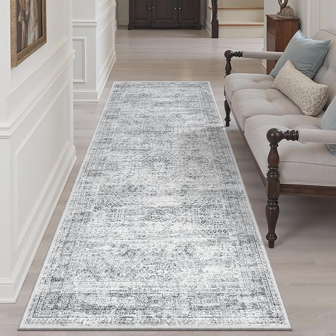 Runner Rug 3x6 Washable Non-Slip Kitchen Runner Rugs for Bathroom Laundry Room Grey Vintage Floor Carpet Runners for Hallway Entryway