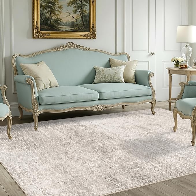 Washable 4x8 Hallway Area Rug: Abstract 8ft Water Resistant Soft Entry Kitchen Runner Rug Non-Slip Low Pile Carpet for Living Room Bedroom Thin Floor Mat for Bathroom Dining Room(4x8，Beige/Cream)