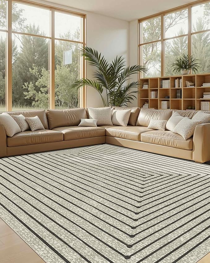 Latte&Fog 9x12 Area Rug for Living Room, Extra Large Beige Modern Abstract Washable Rugs, Boho Non Slip Low Pile Carpet for Indoor Bedroom Dining Room, Office, Dorm, Classroom and Farmhouse - Beige