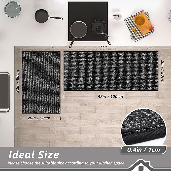 BEQHAUSE Kitchen Rugs and Mats 2PCS, Non-Slip Kitchen Mats for Floor, Absorbent and Stain Resistant Kitchen Runner, Machine Washable Rugs for Kitchen, Laundry & Sink, 20"x32"+20"x48", Black