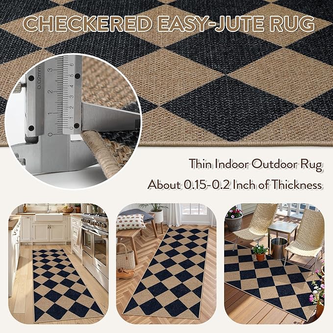 Lahome Colette Checkered Easy Jute Runner Rug, 2x6 Kitchen Mats for Floor Washable Entryway Runner, Checkerboard Black Indoor Outdoor Carpet for Hallway 6ft Entry Laundry