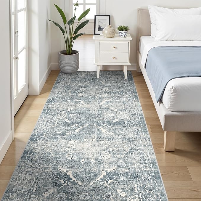 4x8 Washable Hallway Runner Rug - Wide Kitchen Runners Vintage Low Pile Carpet Soft Thin Floor Runner with Rubber Backing for Entryway Bedroom Living Room Home Decor (Blue)