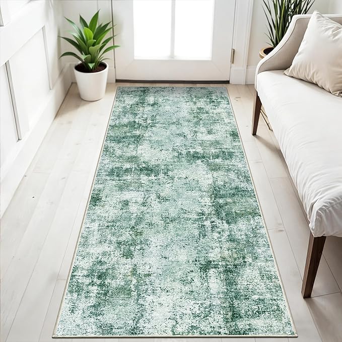 2x5 Washable Runner Rug for Hallway: Non Slip Entryway Runners Rugs Easy-to-Clean - Soft Living Room Bedroom Carpet - Thin Low Pile Floor Mat for Dining Room Green