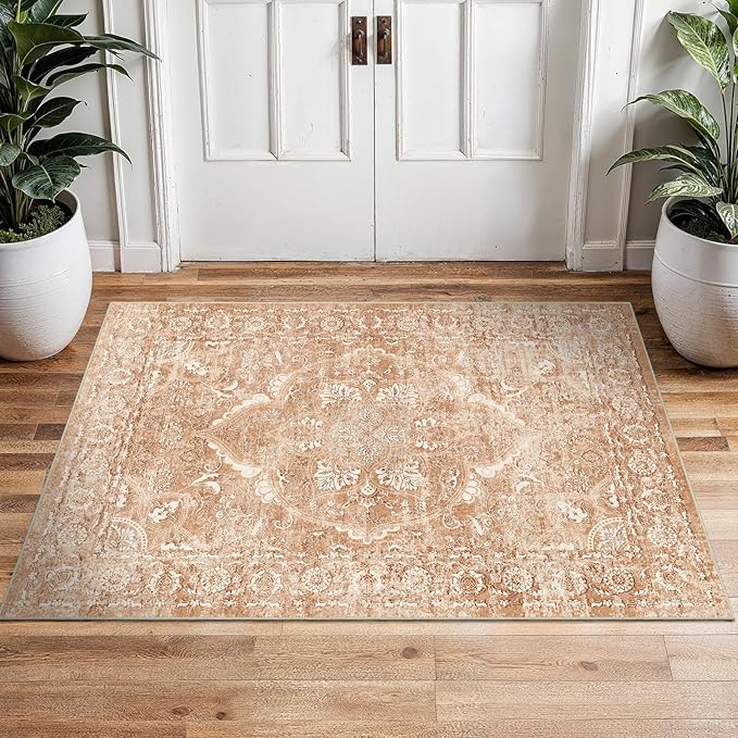 2x3 Entryway Area Rug Washable - Neutral Small Entry Rug Kitchen Rug Runner Vintage Soft Floor Mat Non Slip Indoor Farmhouse Carpet for Bedroom Bathroom Living Room (Brick)