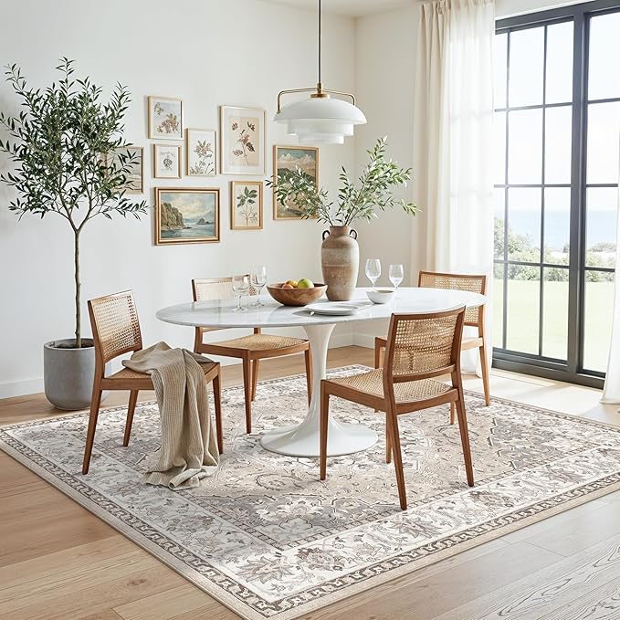 Washable 5x5 Square Area Rugs: Indoor Non-Slip Entryway Kitchen Rugs Oriental Stain-Resistant Bathroom Laundry Floor Mat Water Resistant Light Weight Carpet for Living Room Bedroom Nursery(5x5,Beige)