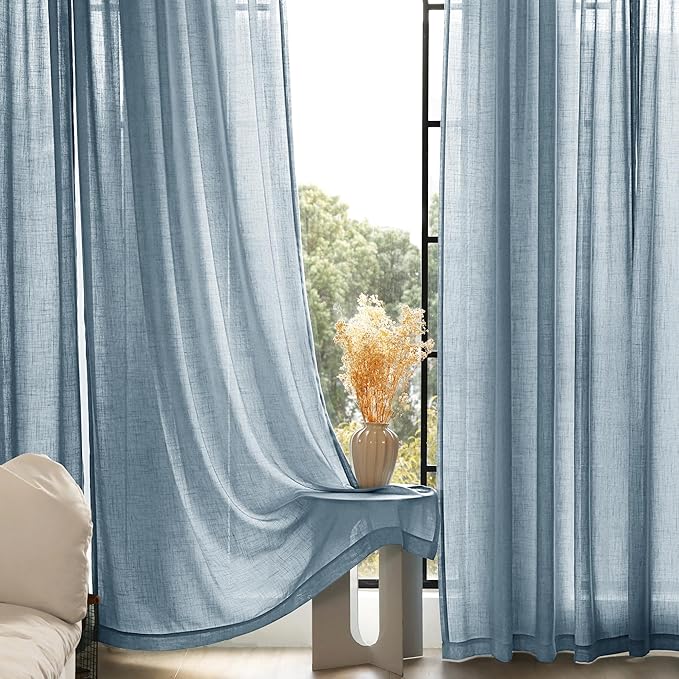 Dusty Blue Linen Curtains for Living Room Back Tab Light Filtering Semi Sheer Light Blue Bedroom Curtains Linen Cotton Textured Grey Blue Drapery Panel Airy Modern Farmhouse Aesthetic Decor 52x90 Long