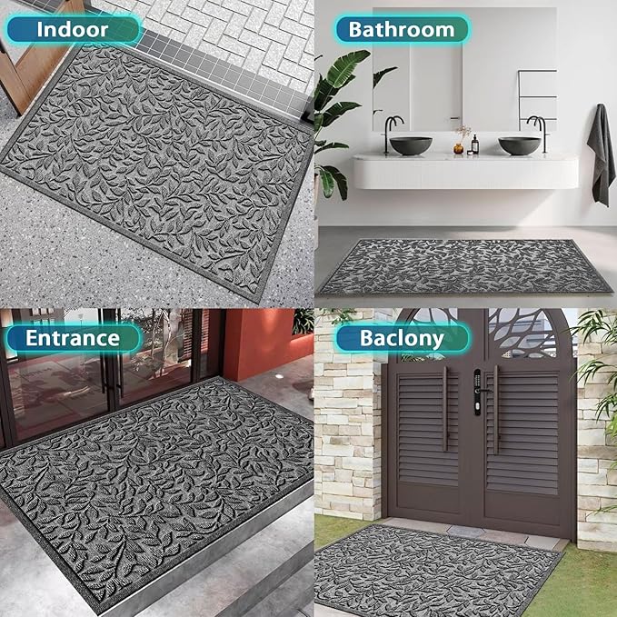 Bulijojo Sturdy Front Entrance Doormats,Durable Heavy Duty Welcome Mat,Thick Absorbent Natural Rubber Non Slip Mat,Easy Clean Entryway Mat Leaves Grey, 47" x 32"