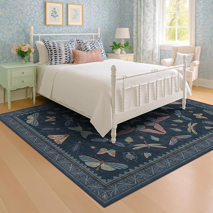8x10 Large Farmhouse Rugs for Living Room - Unique Washable Area Rug for Bedroom, Dining Room Under Table, Boho & Insect Design, Vintage Moth Décor, Low Pile Soft Carpet (Dark Blue)
