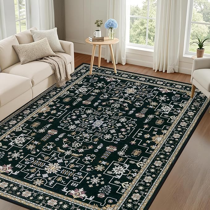 4x6 Area Rugs for Living Room: Washable Rug Soft Vintage Boho Medallion Carpet Indoor Floor Non-Slip Stain Resistant Large Carpets for Bedroom Dining Room Farmhouse Nursery Home Office Black