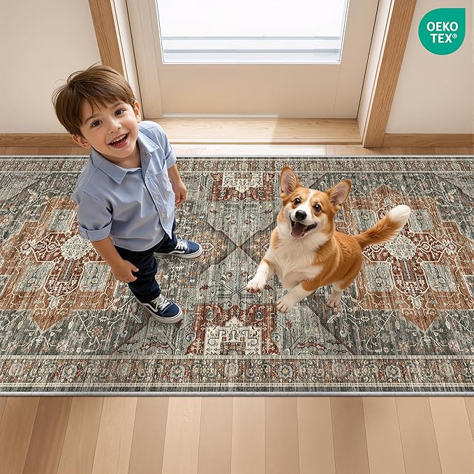 Runner Rug 2x8 Runners for Hallways Non Slip Washable, Vintage Hallway Runner Rugs for Living Room, Low Pile Soft Hallway Rug for Kitchen Bedroom Laundry Room Rug(Grey/Brown/Tan,2'x8')