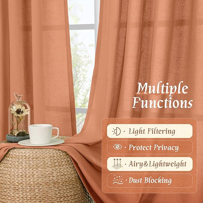 LAMIT Linen Blended Window Curtains 63 inch Length for Bedroom, Soft Thick Light Filtering Curtain Panles with Rod Pocket Privacy Drapes for Living Room, 2 Panels Set, 52 x 63 Inch, Terracotta